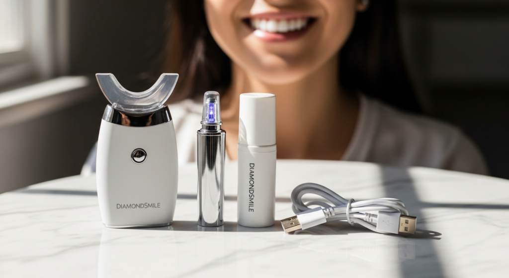 DiamondSmile LED teeth whitening kit with blue light device, custom trays, and gel vials displayed on white background