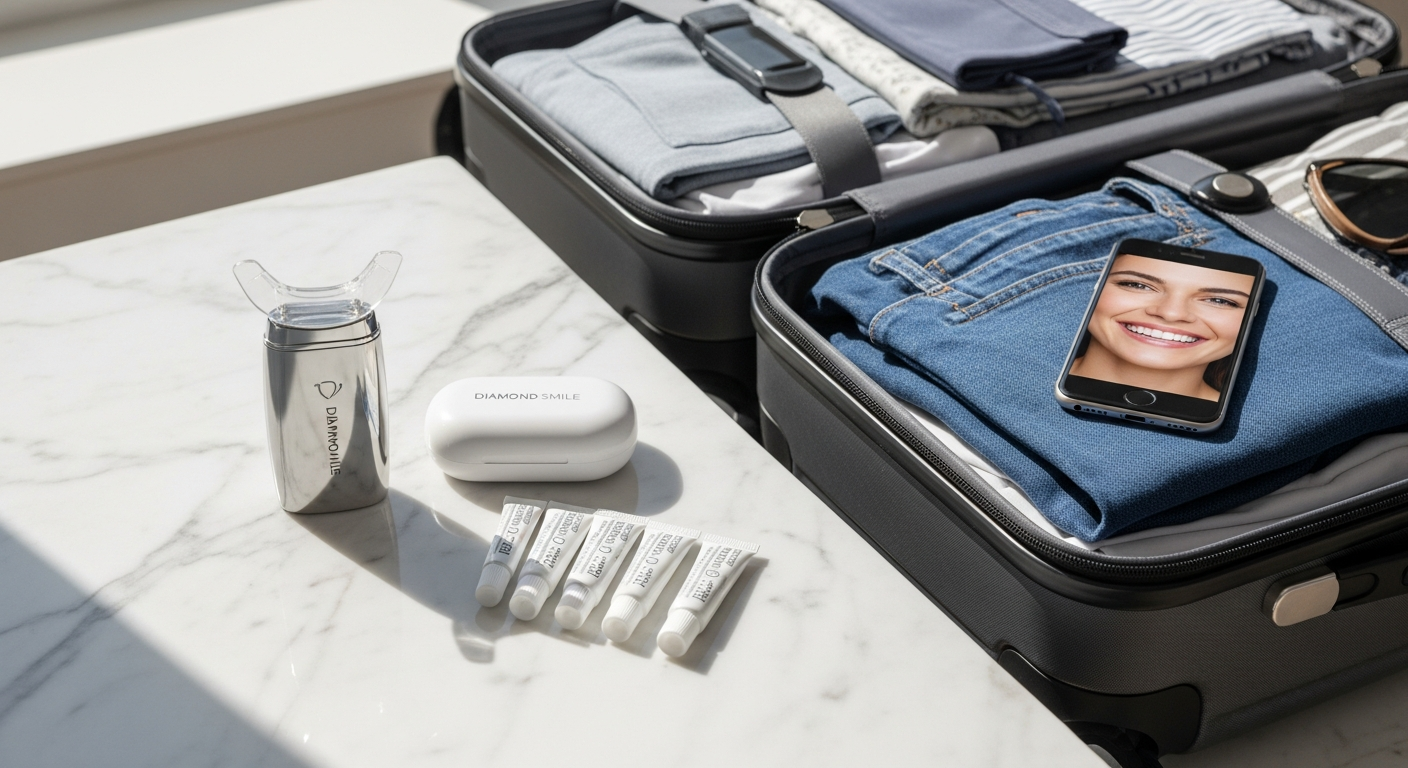 Diamond Smile LED teeth whitening kit displayed with gel syringes, mouth tray, and shade guide for travel