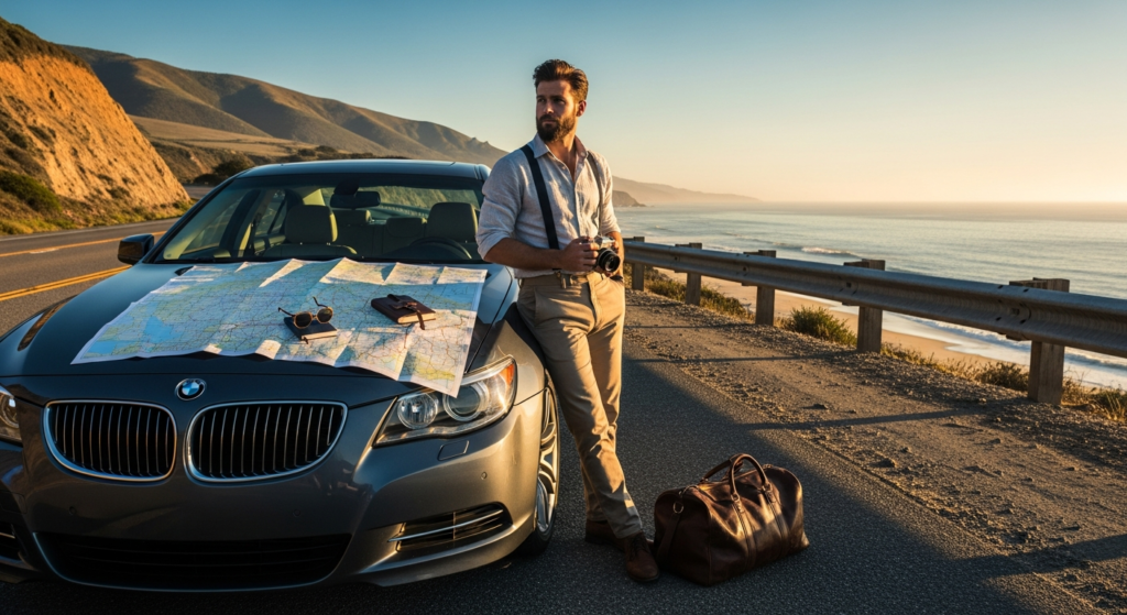 Full-size Europcar rental car parked on scenic road trip destination