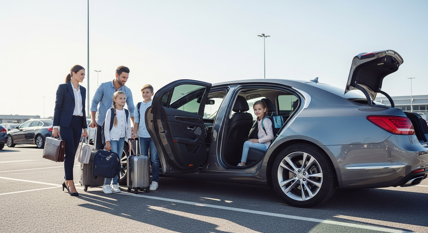 Full-size sedan parked at Europcar rental location with professional business traveler loading luggage