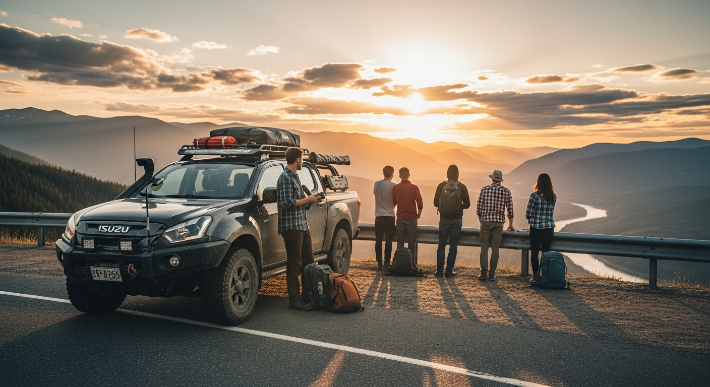 Full-size Isuzu D-Max pickup truck parked on scenic North American mountain road with camping gear loaded in truck bed