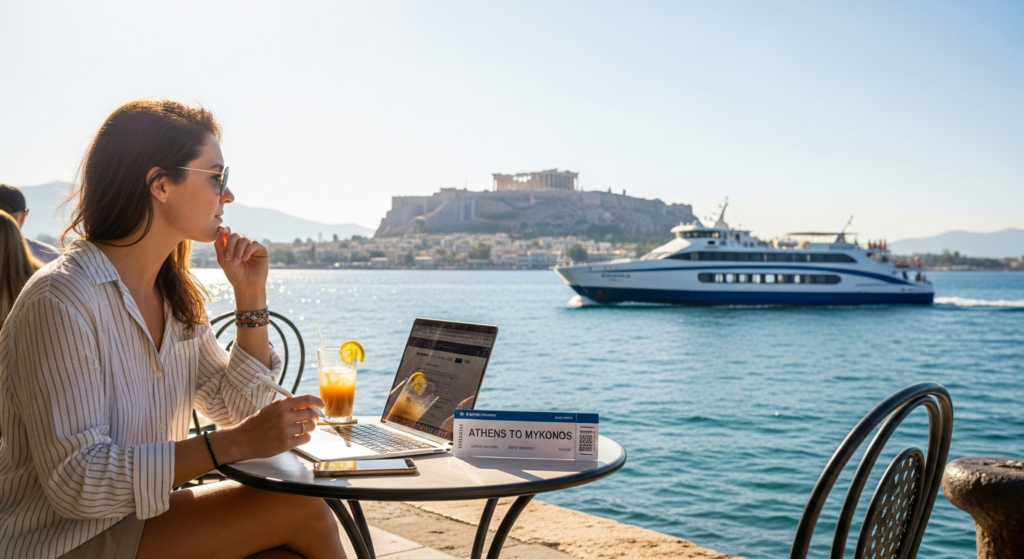 Ferry boat sailing from Piraeus port toward Mykonos island across the Aegean Sea