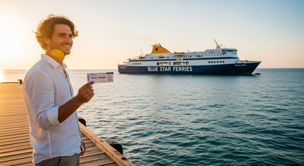 Ferry boat sailing through blue Aegean Sea waters toward Greek Cycladic islands