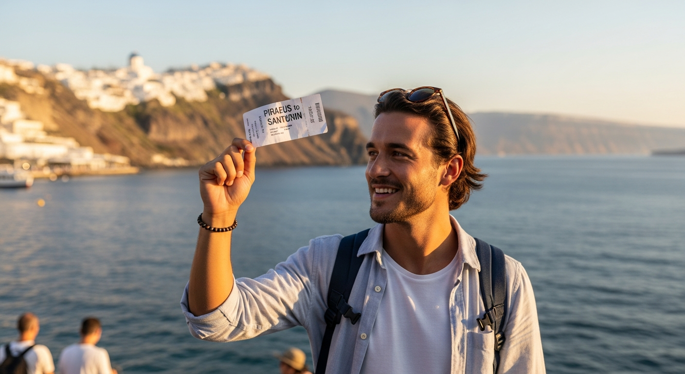 Ferry boat traveling from Athens to Santorini with blue Aegean Sea and white-washed island architecture visible