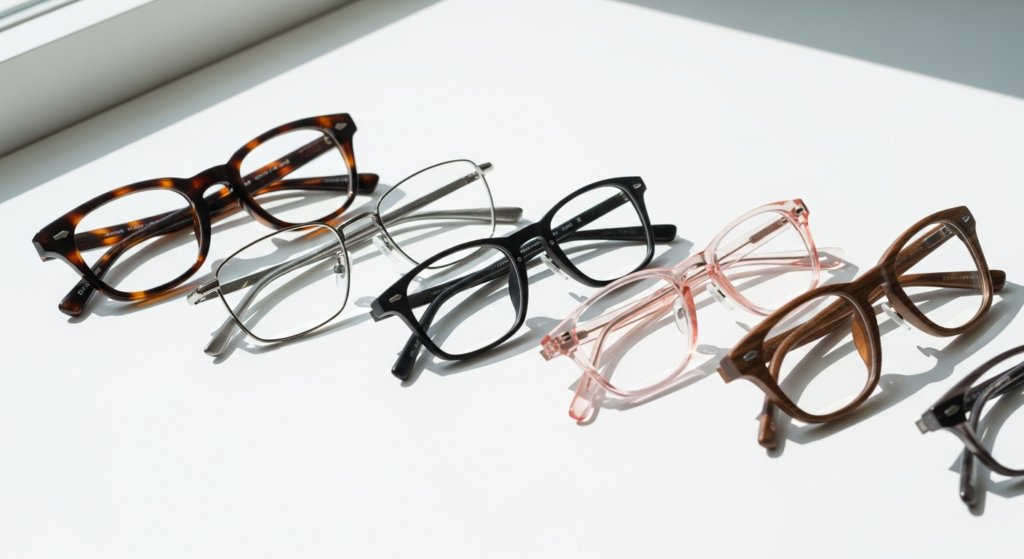 Colorful prescription eyeglass frames in TR90, acetate, and metal materials displayed together