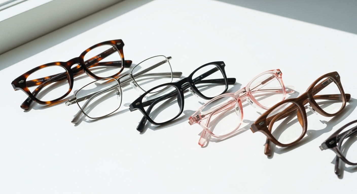 Colorful prescription eyeglass frames in TR90, acetate, and metal materials displayed together