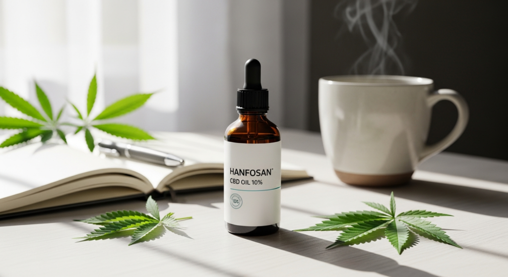 Hanfosan CBD Premium Oil 10% bottle with dropper on white background showing full-spectrum formula