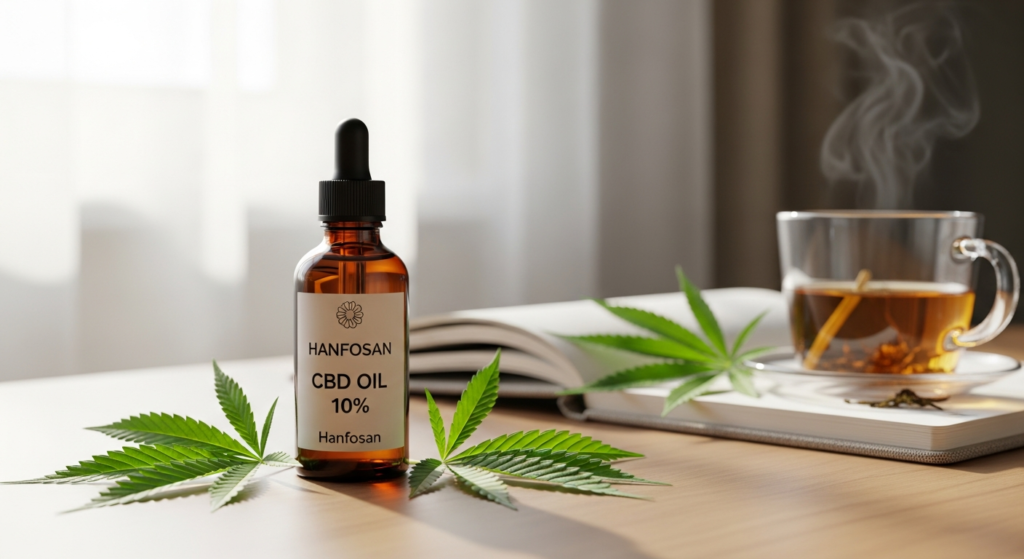 Hanfosan CBD Premium Oil 10% bottle with hemp leaves and laboratory testing documentation displayed