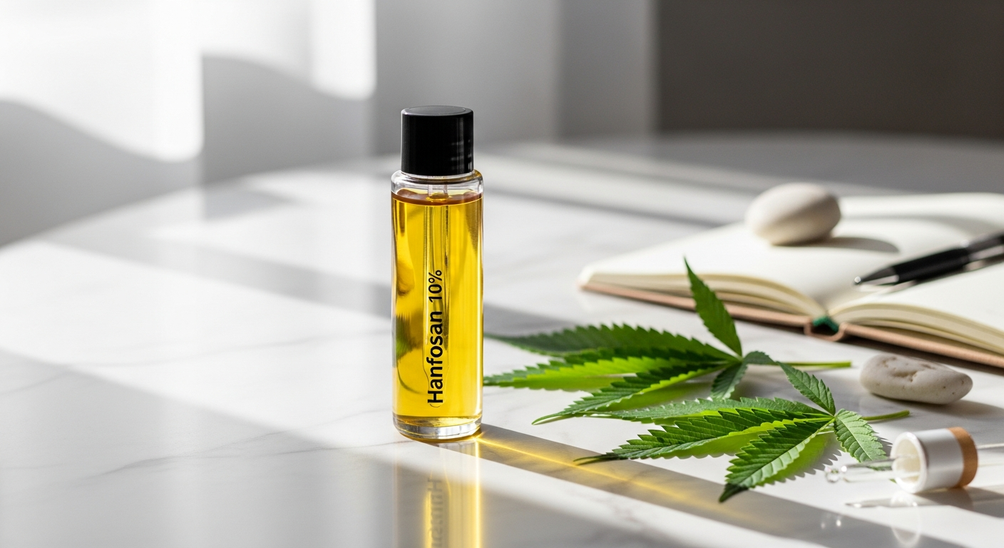 Hanfosan CBD Premium Oil 10% bottle with organic hemp leaves and laboratory certification badge displayed