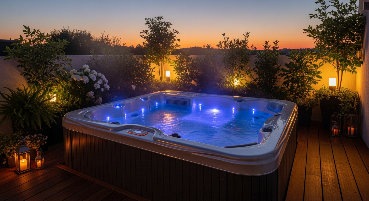 Home Deluxe Garden 2-Person Hot Tub with illuminated massage jets and chromotherapy lighting in backyard setting