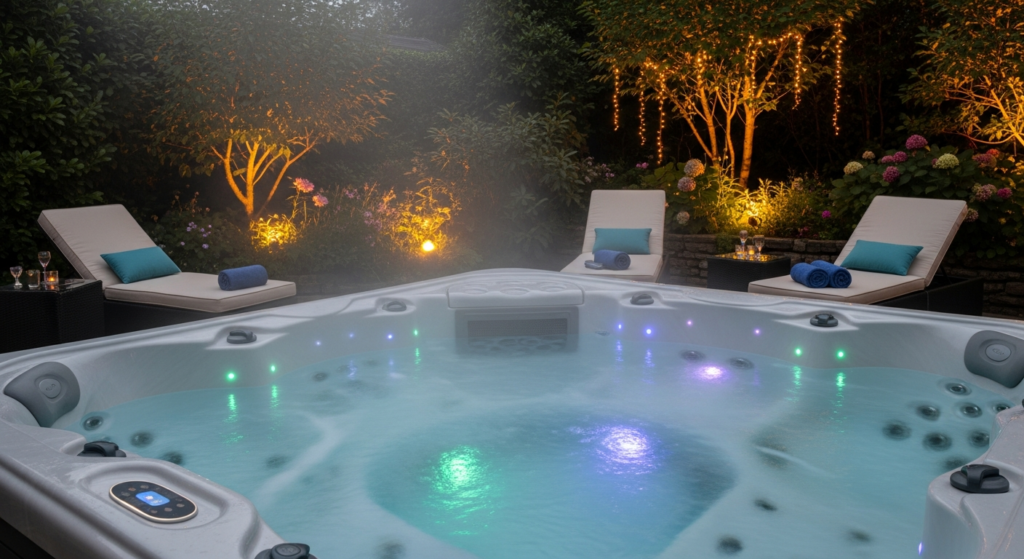 Home Deluxe Garden Hot Tub with 51 massage jets and chromotherapy lighting in backyard setting