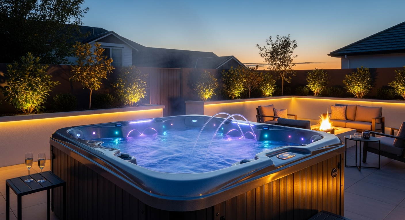 Home Deluxe Garden 2-Person Outdoor Hot Tub with 51 massage jets and color light therapy in backyard setting