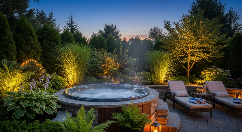 Home Deluxe Garden Hot Tub with illuminated chromotherapy lighting in a backyard wellness retreat setting