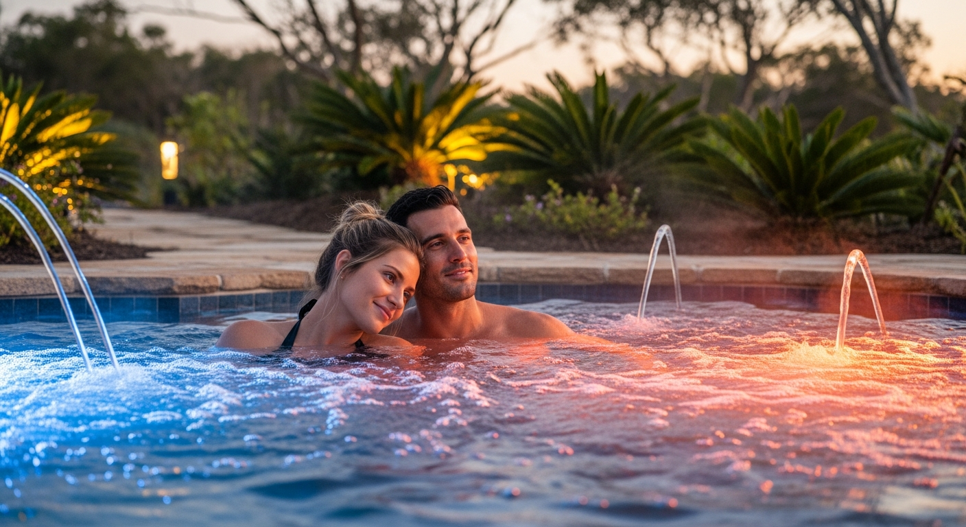 Home Deluxe Garden Hot Tub with 51 massage jets and color light therapy in compact outdoor garden setting