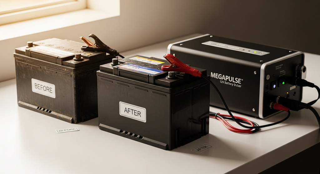 Megapulse 12V Battery Pulser device shown connected to a 12-volt lead-acid battery system
