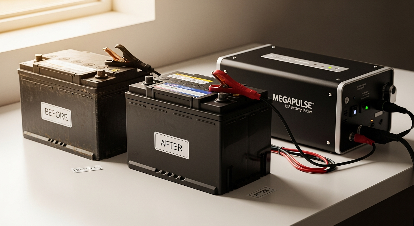 Megapulse 12V Battery Pulser device shown connected to a 12-volt lead-acid battery system