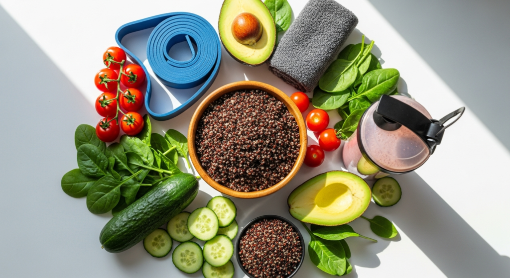 Kamelur Organic Black Quinoa grain in a white bowl with fresh vegetables and athletic training equipment in background