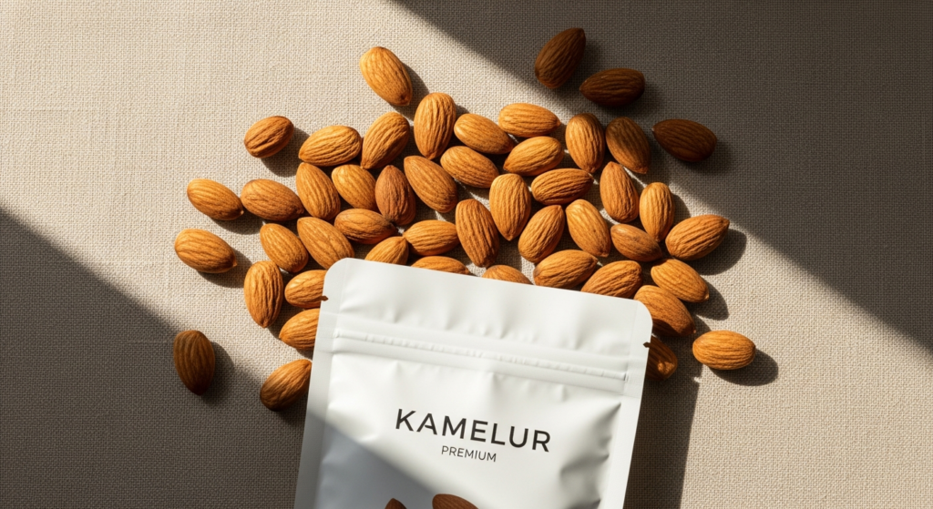 Kamelur Organic Brown Almonds Whole in a wooden bowl with scattered nuts on rustic surface