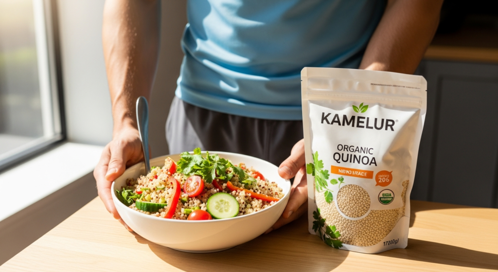 Plant-based athlete eating Kamelur Organic Quinoa bowl with vegetables and protein