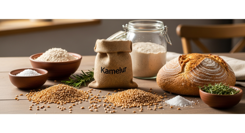 Kamelur Organic Whole Wheat Grains package displayed with fresh baked bread and grain kernels