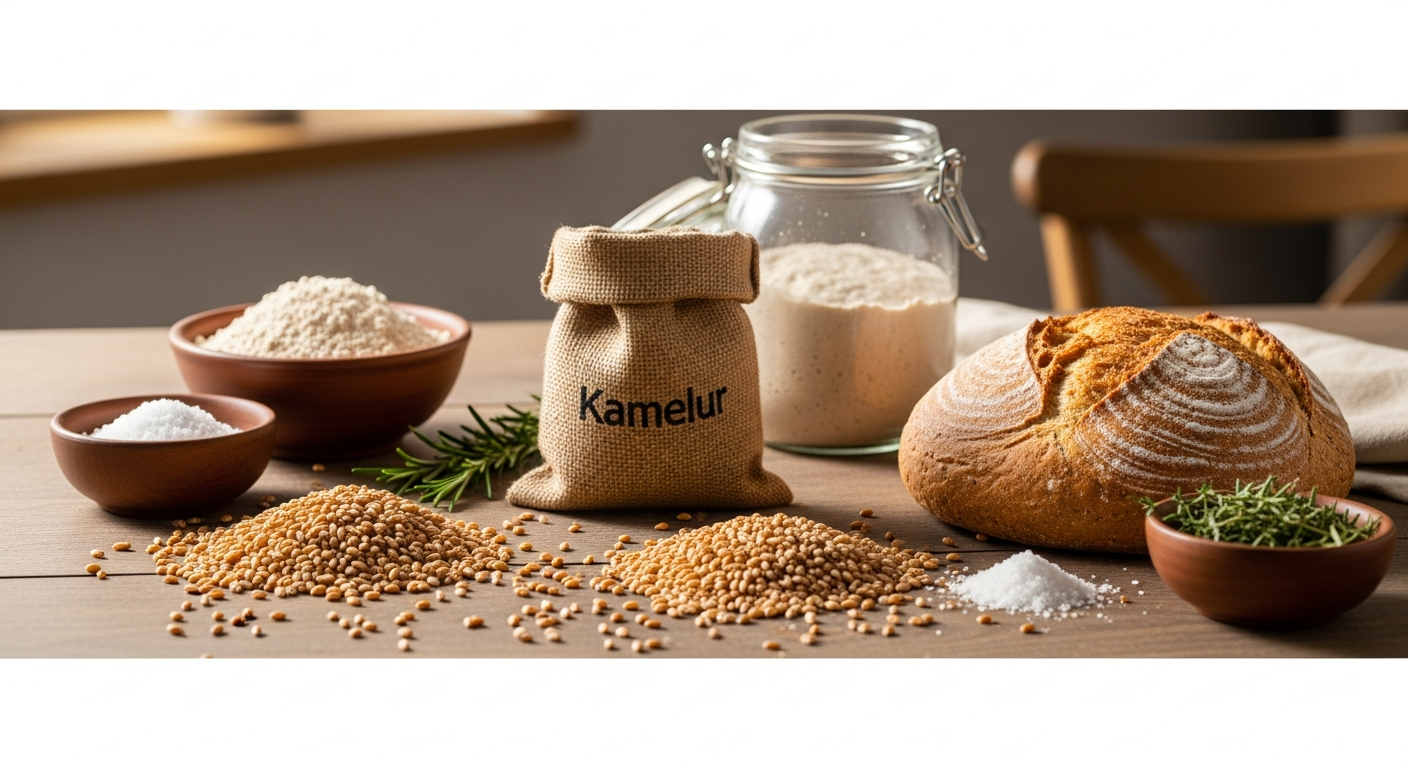 Kamelur Organic Whole Wheat Grains package displayed with fresh baked bread and grain kernels