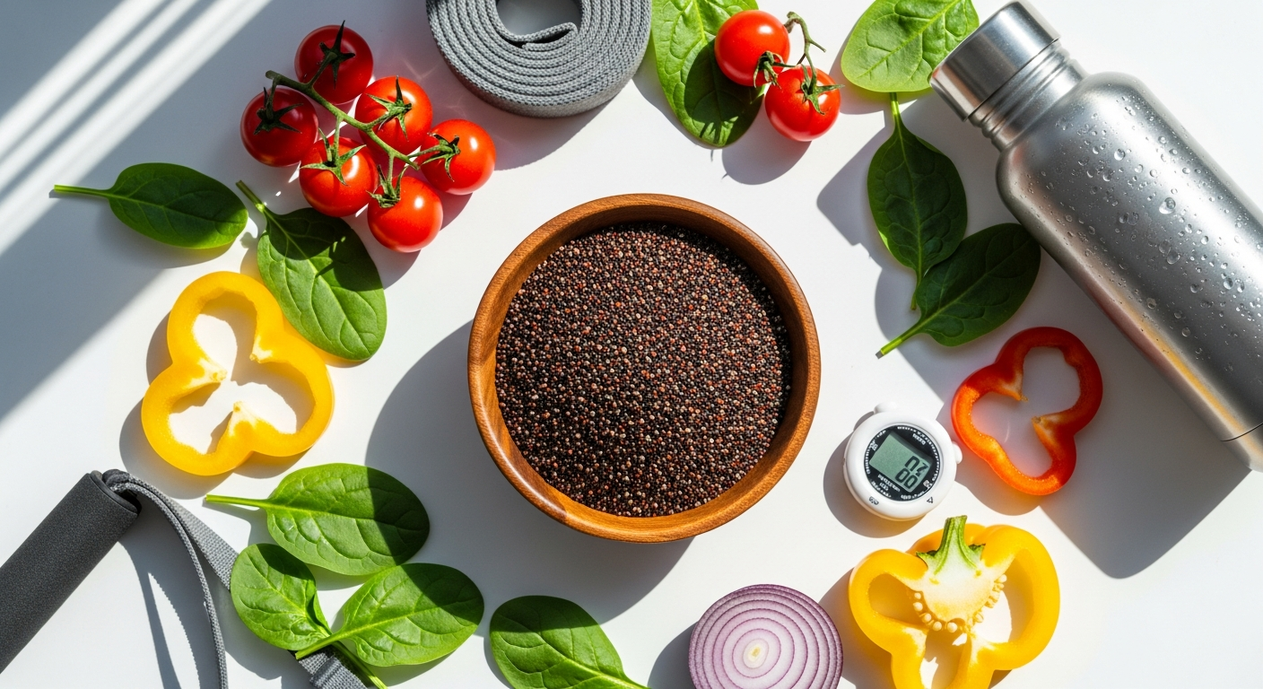Kamelur Organic Black Quinoa in a white bowl with fresh vegetables and athletic training equipment