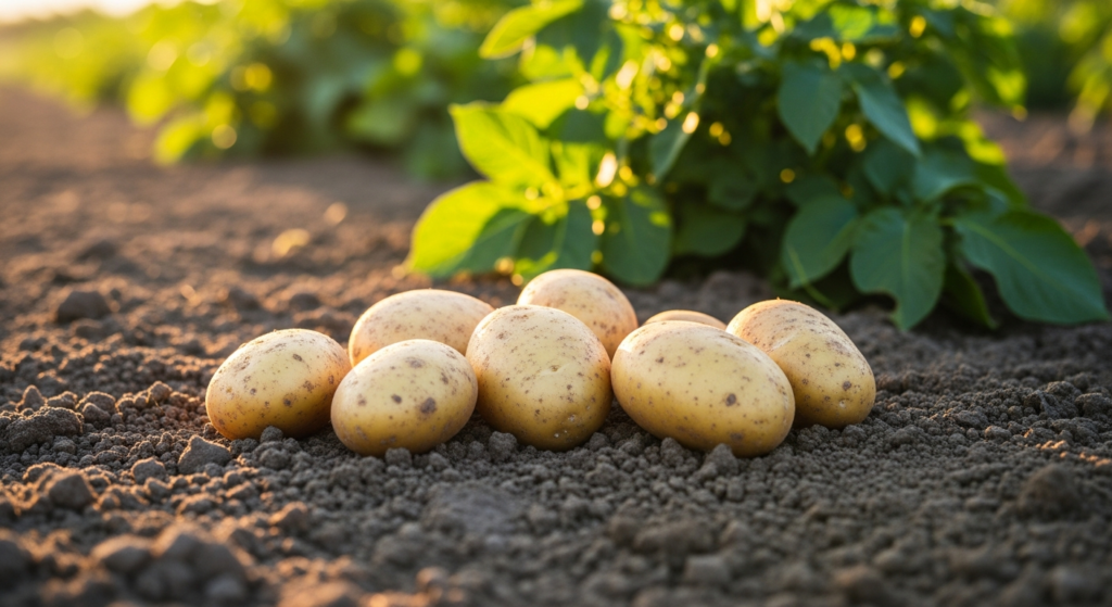 Golden Adretta seed potatoes with distinctive yellow flesh and oval shape ready for planting