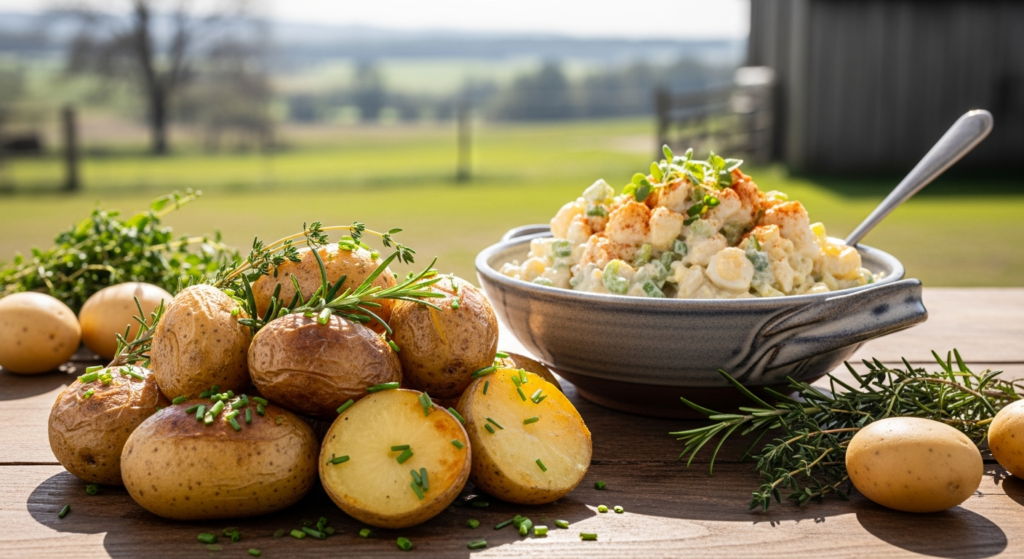 Belana Kartoffeln mit gelbem Fleisch in ovaler Form auf dunklem Hintergrund