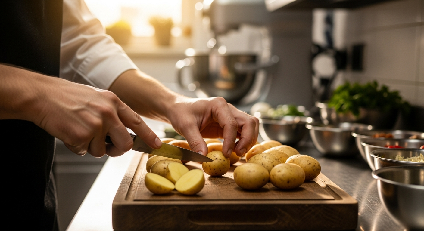 Golden Belana potatoes with vibrant yellow flesh displayed in professional kitchen setting