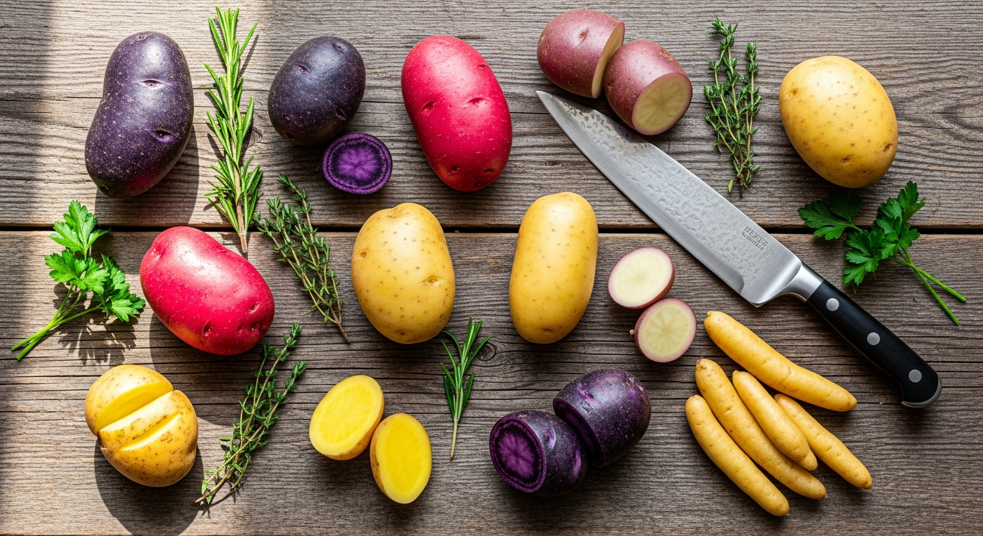Bunte Kartoffelsorten in verschiedenen Farben von Gelb bis Violett auf dunklem Hintergrund