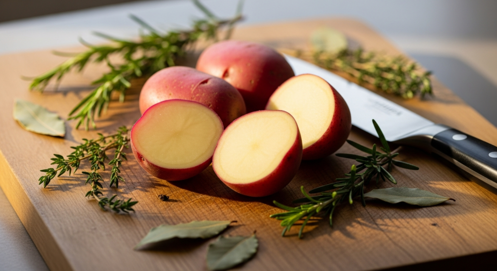 Laura red-skinned table potatoes with vibrant red skin and deep yellow flesh displayed on rustic wooden surface