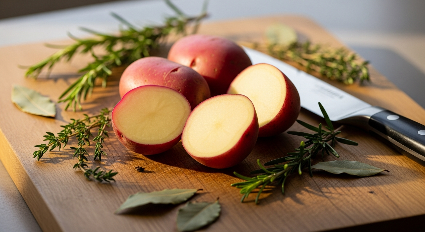Laura red-skinned table potatoes with vibrant red skin and deep yellow flesh displayed on rustic wooden surface