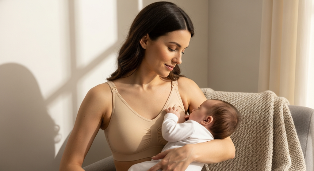 Woman wearing Simply Sublime Everyday Nursing Bra demonstrating comfortable postpartum nursing support