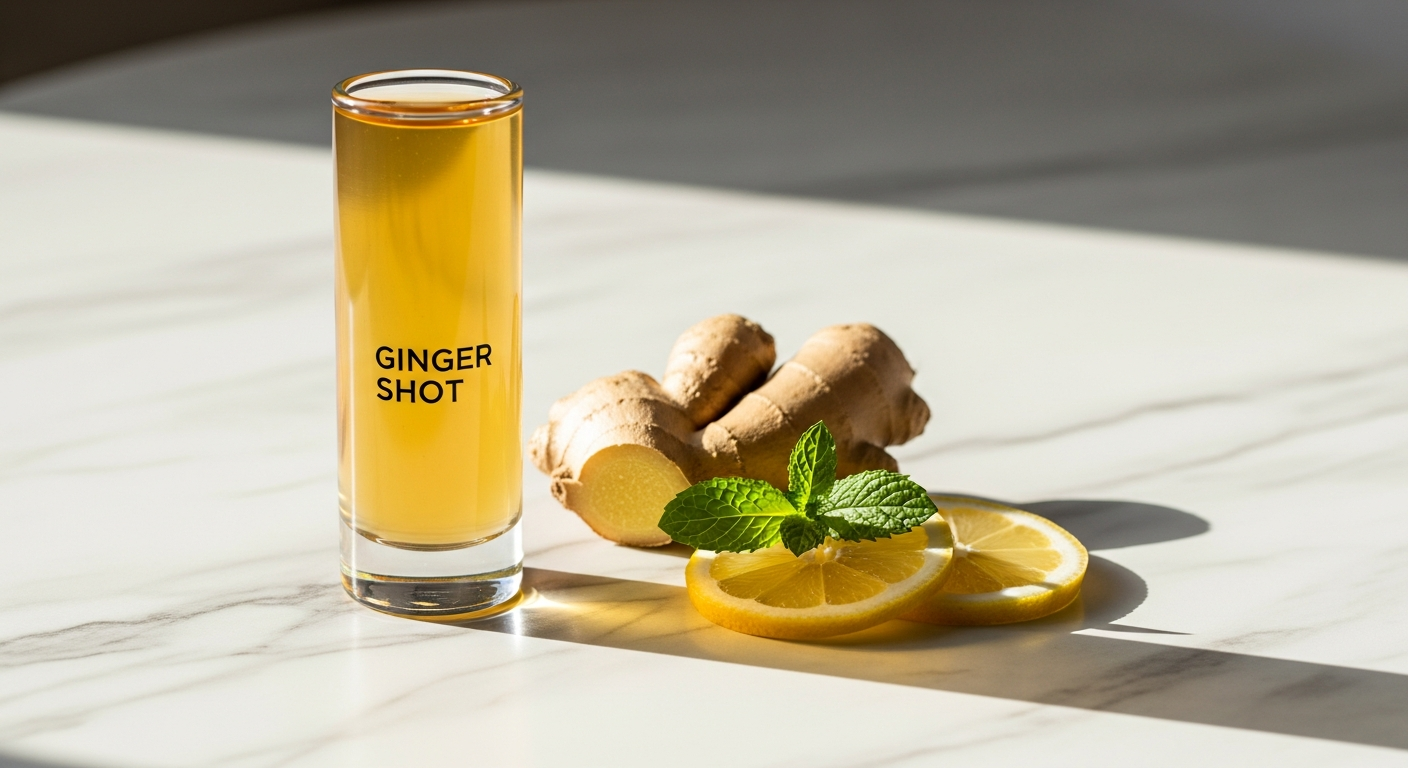 Kloster Kitchen Organic Ginger Shot Classic bottle with real ginger pieces and clean label design
