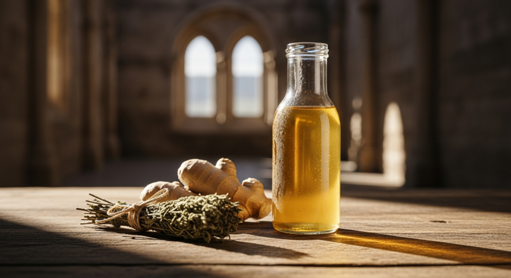 Kloster Kitchen Organic Ginger Shot Classic bottle with real ginger pieces and lemon displayed on wellness background