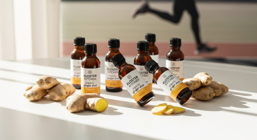 Kloster Kitchen Organic Ginger Shot Classic bottle with real ginger pieces and fresh lemon