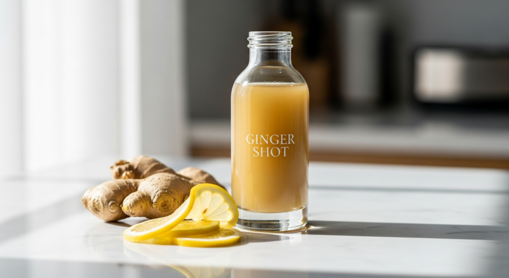 Kloster Kitchen Organic Ginger Shot Classic bottle with real ginger pieces and monastery-inspired wellness formula