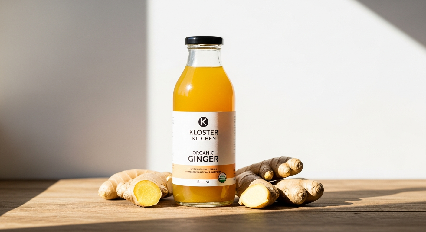 Kloster Kitchen Classic Organic Ginger Shot bottle with visible real ginger pieces and monastery heritage branding