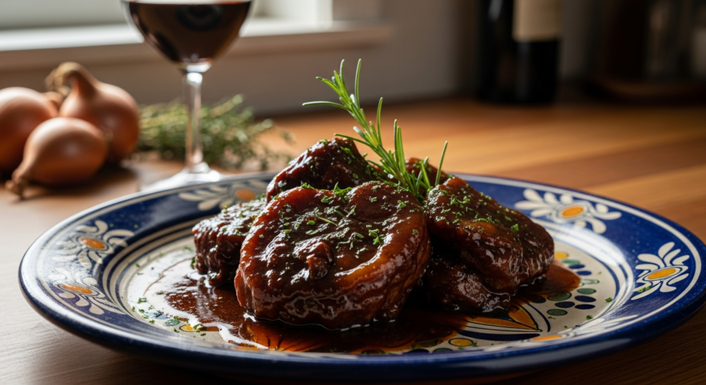 Tender pork cheeks in rich sherry wine sauce with roasted vegetables and sweet potato