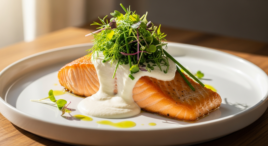 Perfectly plated salmon fillet with creamy goat cheese sauce and roasted vegetables