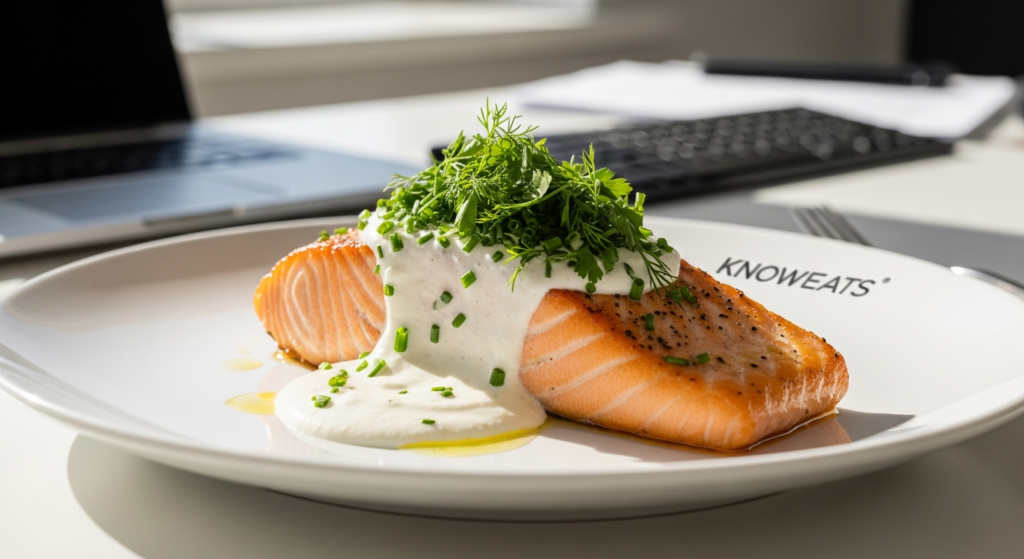 Knoweats salmon fillet with creamy goat cheese sauce, roasted sweet potato, and sautéed vegetables on a plate