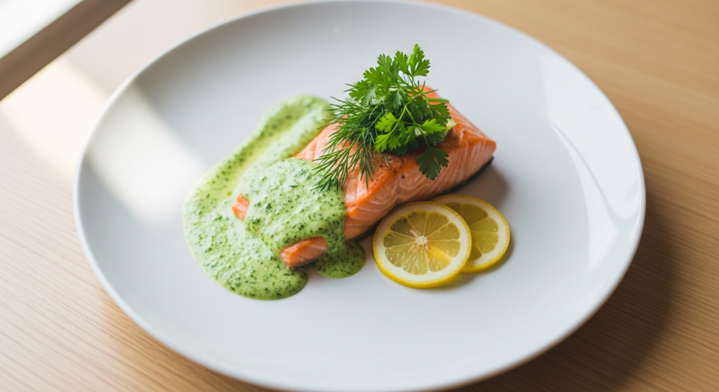 Knoweats Salmón con Salsa Saludable ready-made salmon dish with goat cheese sauce on white plate