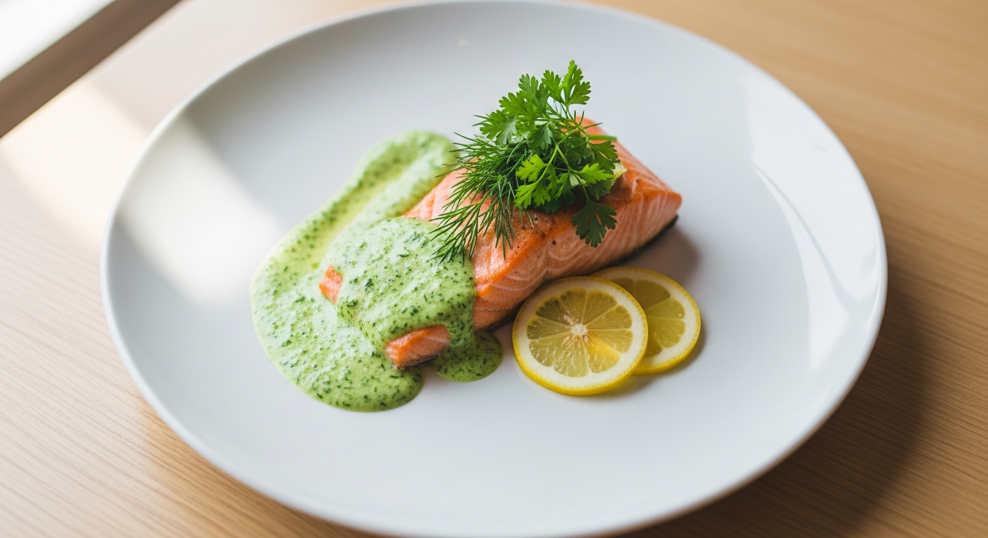 Knoweats Salmón con Salsa Saludable ready-made salmon dish with goat cheese sauce on white plate