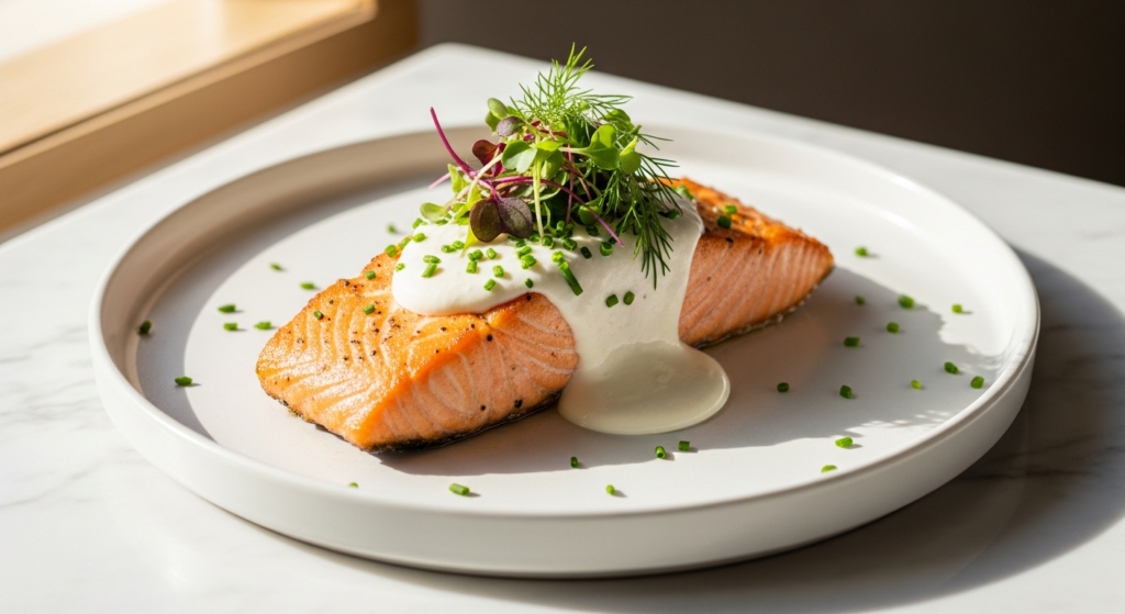 Perfectly cooked salmon fillet with creamy goat cheese sauce and roasted vegetables plated elegantly