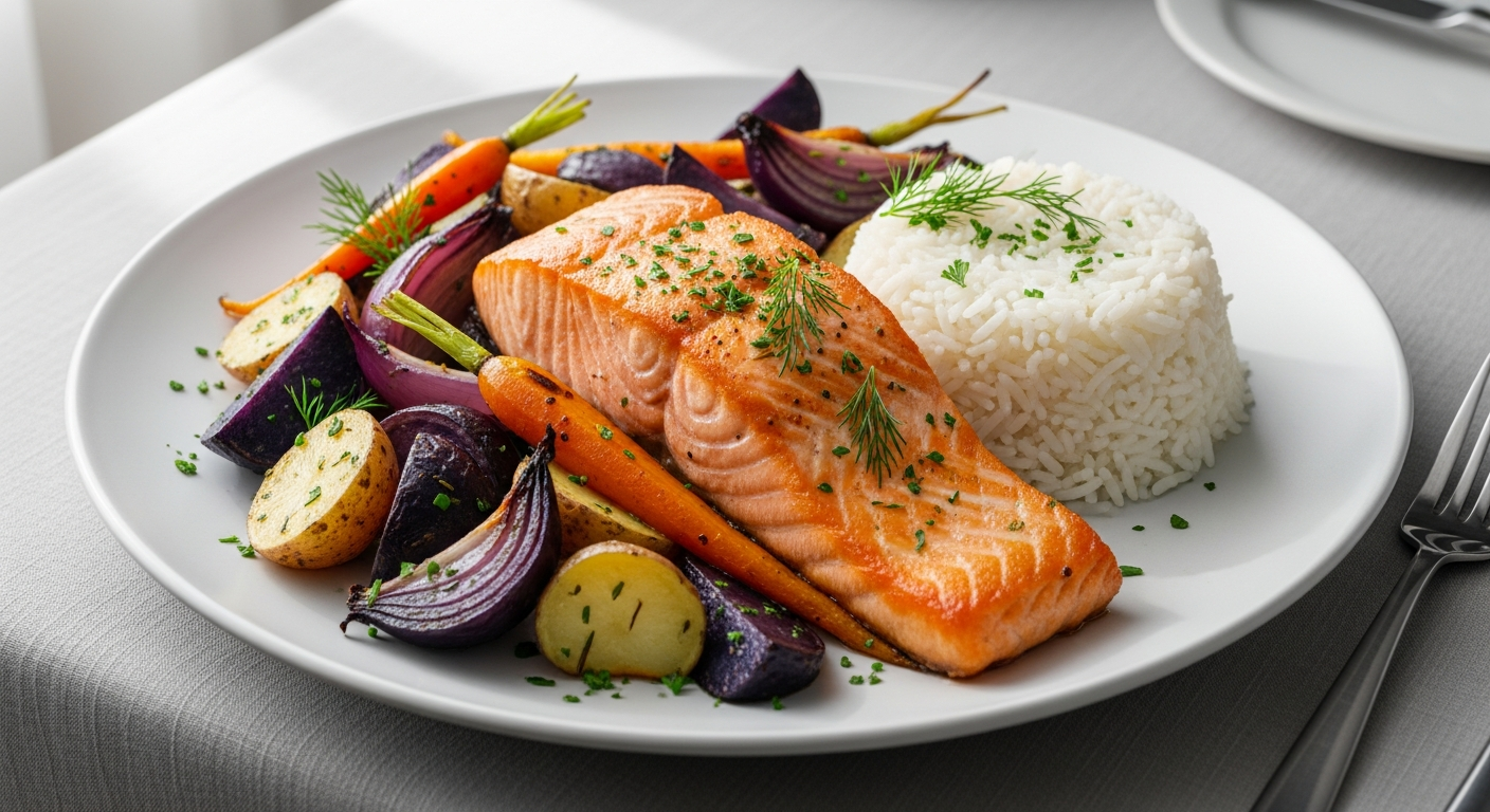 Knoweats salmon fillet with fresh vegetables and rice in a microwave-safe container ready to heat