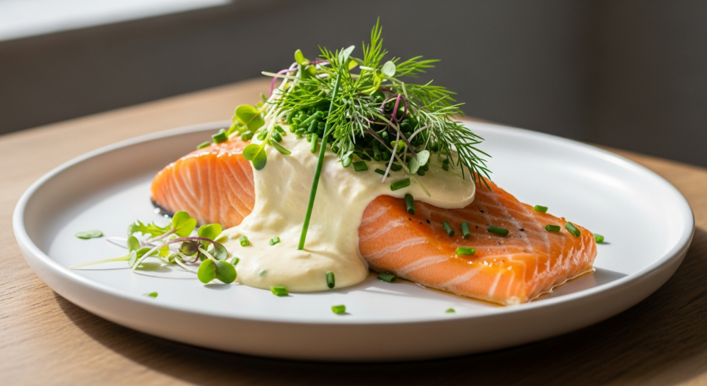Salmón en salsa de queso de cabra precocinado de Knoweats en plato listo para servir