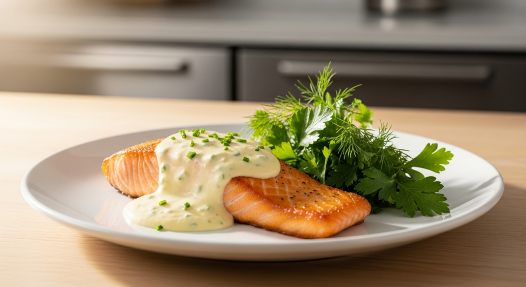 Perfectly cooked salmon fillet with creamy goat cheese sauce and roasted vegetables