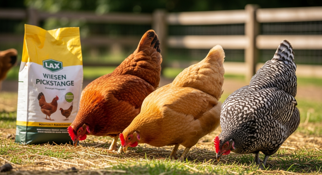 LAX Wiesen Pickstange poultry feed sticks in a coop with laying hens pecking naturally