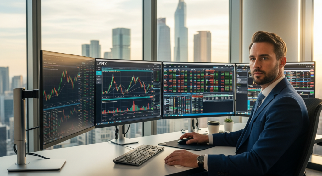 Professional trader analyzing global markets on LYNX+ Multi-Asset Trading Platform with advanced charting tools