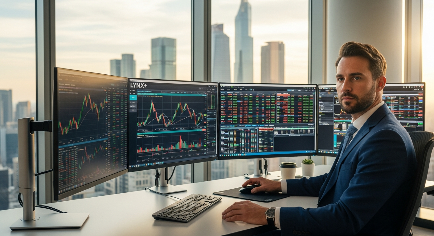 Professional trader analyzing global markets on LYNX+ Multi-Asset Trading Platform with advanced charting tools